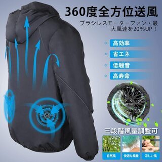 【新品】空調服 空調作業服 日焼け止め服 JBHOO 最新型ブラシレスモーターファンファン 低騒音 超軽量 薄手 高輝度反射設計 高強度生地 春夏用 USB給電 熱中症対策 男女兼用 2020 空調ウェア 日本語説明書付き (ブルー, L)の画像