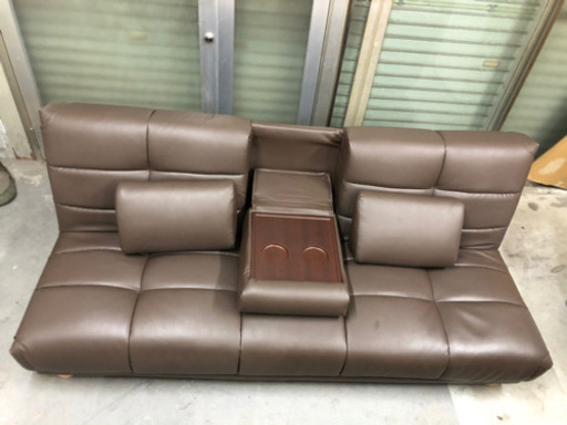 ■急募■美品　高級家具　ソファーベッド　リクライニング　ソファー　ベッド　合皮　ブラウン　ドリンクホルダー　シングル　ダブル■