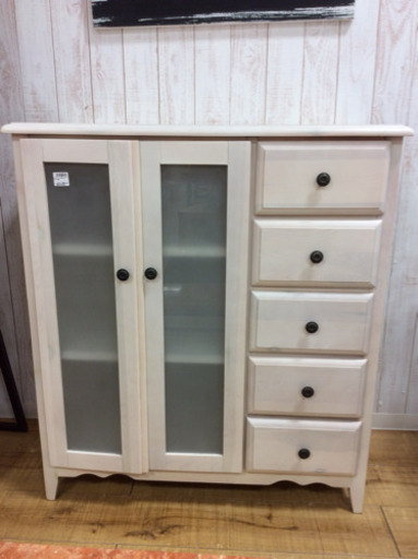 【トレファク】サイドボード ホワイト 5段 ガラス扉【南柏】