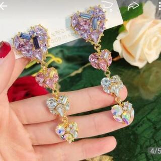 スウィート　パープル　ピンク　クリスタル　ハートピアス　新品未使用の画像