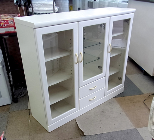 幅104.5㎝ サイドボード/キャビネット　高さ91×奥行32㎝ 白 鏡 飾り棚　札幌 東区