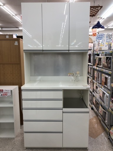 パモウナ　ハイカウンター　3面レンジボード　ホワイト　白　食器棚