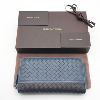 《BOTTEGA VENETA/イントレチャートラウンドファスナー長財布》ABランク ネイビー ブラック