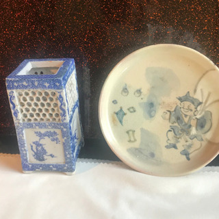 骨董品　箸立てと大黒小皿(銘有)2点セットで‼︎