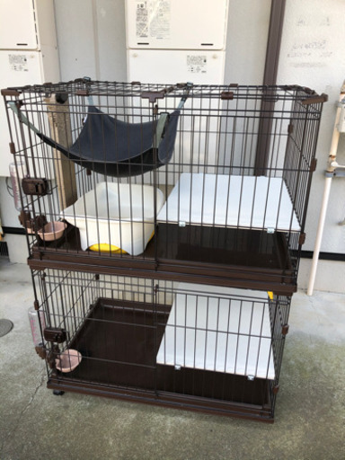 猫　ケージ2段　コンビネーションサークル　スライドドア　ハンモック2枚、システムトイレ1台