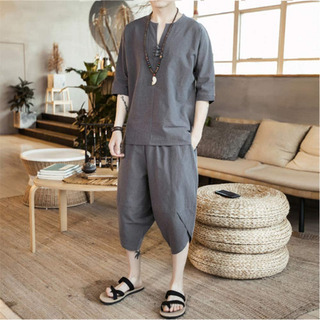 メンズ Tシャツ 綿麻トップス ハーフ ショート パンツ 上下 セット アップ の画像