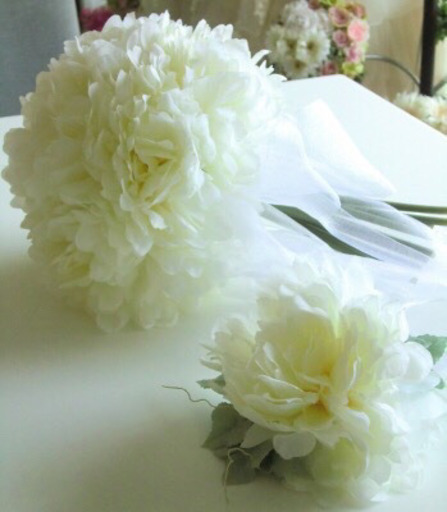 【5点セット】ウェディングブーケ、ブートニア、ヘッドドレス、リストレット