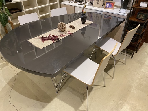 ダイニングテーブルセット テーブル チェア 5点セット グレー×シルバー 変形テーブル 回転チェア 中古品