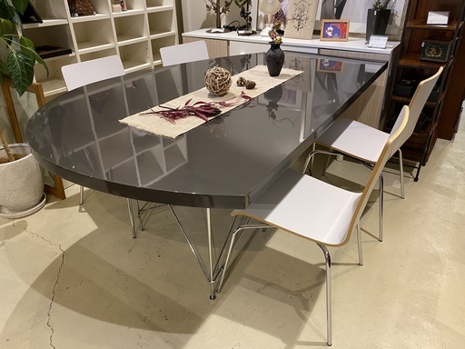 ダイニングテーブルセット テーブル チェア 5点セット グレー×シルバー 変形テーブル 回転チェア 中古品