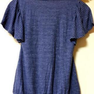 急募🔊 ◀️トルディア▶️紺 ボーダー  裏地付き バルーン風 Tシャツ Mの画像