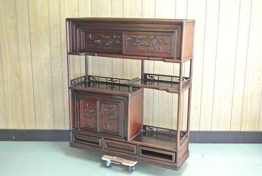 【値下げ】昭和レトロ 茶棚 茶箪笥 鶴 松竹梅　違い棚 透かし彫り 飾り棚　和家具 古民家 アンティーク家具