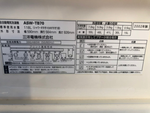 サンヨー洗濯機　通電動作オッケー！