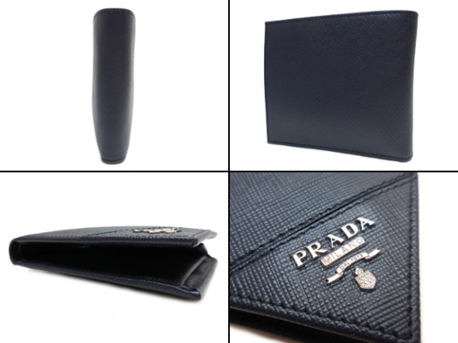 良品 PRADA プラダ サフィアーノレザー 二つ折り財布 紺 2MO738