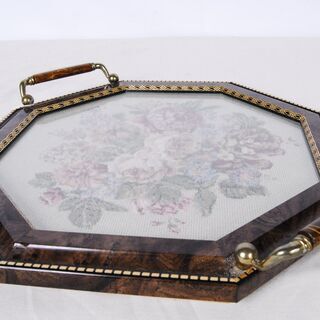 3333 ゴブラン織り イタリア製 アンティーク調 トレー トレイ お盆 刺繍 バラ 額装 インテリア 箱付 愛知県岡崎市 直接引取可　エビスの画像