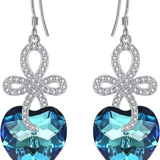 【新品】【日本全国郵送相談可】スターリングシルバー ジルコン ラブ ハート セルティック ノット クロス フック 垂れる ピアス バミューダ ブルー スワロフスキー使用の画像