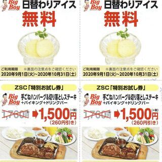 BigBoy　ビッグボーイ　アイスクリーム無料券と割引券が合計４...