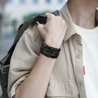 【新品】【6本セット】【日本全国郵送相談可】メンズ レーザ ブレスレット 腕輪 腕飾り 多重巻き 長さ調節可能 黒 クール アンティーク風の画像