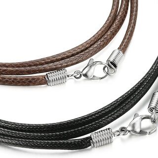 【新品】【日本全国郵送相談可】【2色セット】幅3ミリメートルレザーチェーンネックレスチョーカーメンズレディース革編み込みネックレス（長さ：46センチメートル）の画像