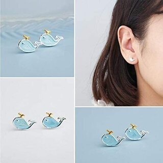 【新品】【全国配送相談可能】Richight 純銀製シンプルなブルー小さなクジラのスタッドピアス、sv925シルバー動物イヤリング可愛いくじらのプカプカ吐息ピアス、ぷっくりお魚モチーフ耳飾りの画像