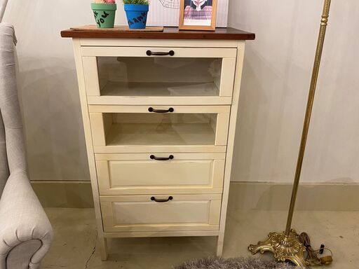 チェスト 収納家具 収納 オフホワイト×茶 引出しガラス 展示品 中古品