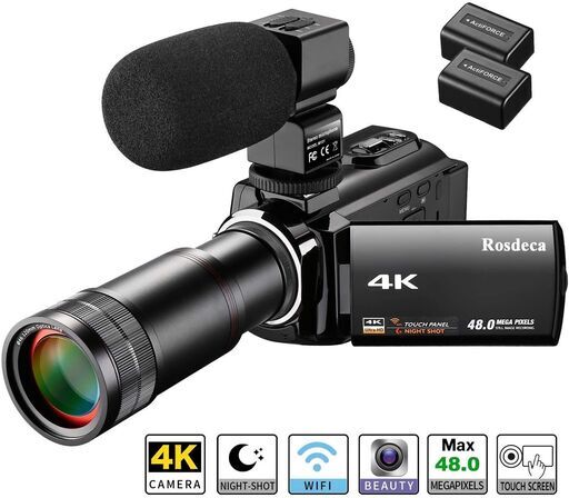 【4K 4800万画素】デジタルビデオカメラ 望遠レンズ＋マイク セット　※1度だけ使用しただけの新品同様で販売価格の半額でお譲りします。