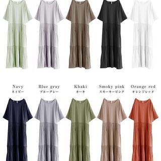 【新品】【6色から選択】ティアードワンピース ワンピース レディース 半袖 5分袖 ロング丈 プリーツ マキシ丈 無地 可愛いの画像