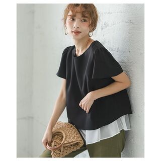 【新品】【3色から選択】 レイヤード シフォン トップス ブラウス 半袖 レディース 異素材 カットソー レイヤード シフォン トップス ブラウス 半袖 レディース 異素材 カットソー プルオーバー 重ね着風 裾フリル ゆったり 仕事 オフィス の画像