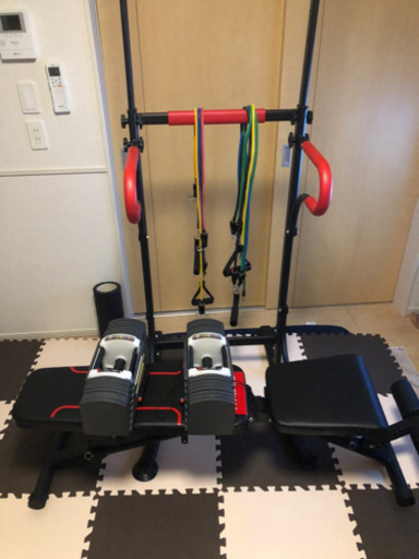 可変式ダンベル41kg、インクラインベンチ、懸垂器具、トレーニングチューブ、トレーニングマット