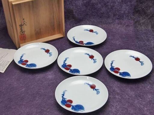 【JA】人間国宝 十三代 酒井田柿右衛門 染錦 柿文 皿 五客