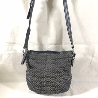 COACH コーチ 黒レザー×ミニシグネチャー 斜めがけクロスボ...