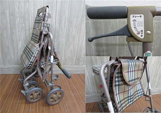 ss1456　島製作所　シルバーカー　サニーウォーカー　ベージュチェック　SHIMA　4輪　カート　折りたたみ式　手押し車　収納バッグ付き　ハンドブレーキ　ショッピング　歩行器　歩行車　ウォーキング