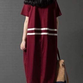 【新品】【選べる2カラー】 【選べる3サイズ】ワンピース 半袖 ユッタリ ライン入り 無地 涼しげ ひざ丈 フンワリ 森ガール リネン素材の画像