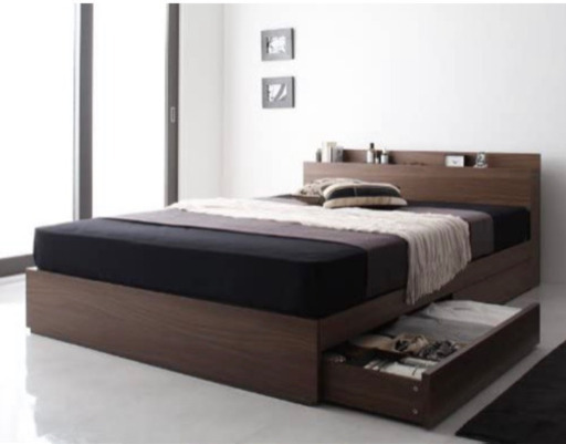 【ボンネルコイルマットレス付き】ダブル (ウォルナットブラウン) 棚・コンセント付き収納ベッド