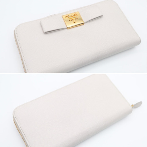 《PRADA サフィアーノ リボン ラウンドファスナー長財布 白》ABランク 美
