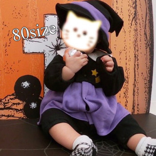 ハロウィン 魔女 コスプレ 80 女の子 ロンパース 帽子付の画像