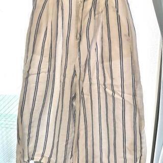 7分丈 白ストライプ 麻100% パンツ