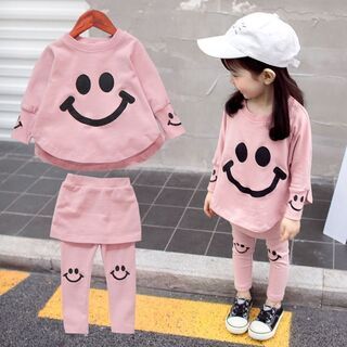 【新品】【80cm or 90cm 】子供服 セットアップ ツーピース にこちゃん スマイル 長袖 トップス トレーナー スカッツ スカート レギンス キッズ ベビー 女の子 かわいい おしゃれの画像