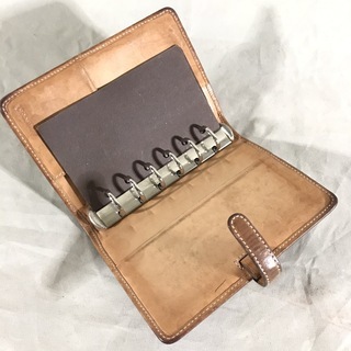 COACH コーチ キャメルブラウン レザー×キャンバスシグネチャー アジェンダPM 手帳カバー6穴の画像