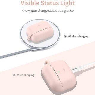 【新品】AirPods Pro ケース 2019 充電ケースカバー(2019年10月発売)用 シリコン ソフトスリムカバー キーチェーン付き バウンスキャリングケース 前面のLEDライトが隠れない ワイヤレス充電対応 衝撃吸収保護シリコンカバー(ピンク)の画像