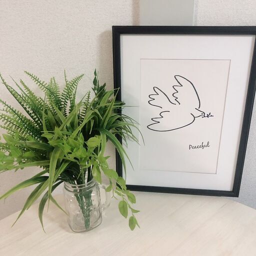 線画バード　ポスター　観葉植物　グラス花瓶　セット