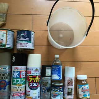 ペンキ、ペンキ薄め液、ハケ、ハケ洗い液などの画像