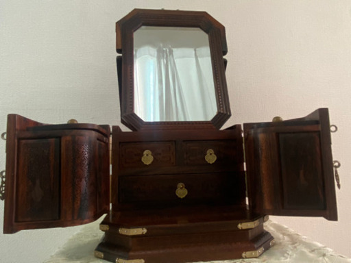 中古 中国 折りたたみ鏡付き化粧箱 アンティーク 骨董