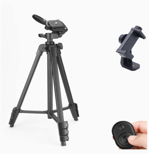 新品·未使用　カメラ三脚 リモコン付き スマホ対応 一眼レフ対応 四段伸縮 360回転可 3WAY雲台 小型 軽量 アルミ製