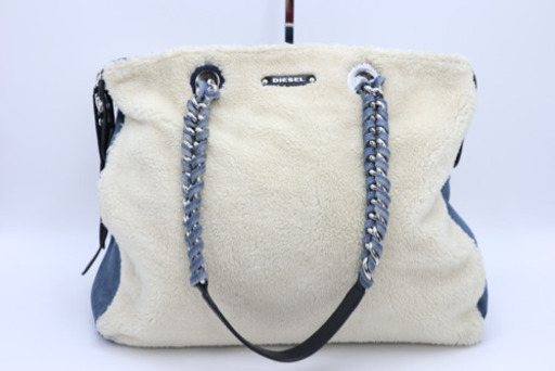 《DIESEL/デニム ボア ハンドバッグ》Aランク ホワイト ブルー 美品