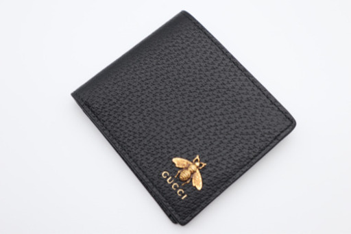 《GUCCI 二つ折り財布/アニマリエ レザー》Aランク ブラック ゴールド 美