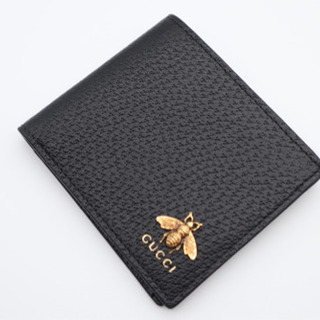 GUCCI 二つ折り財布/アニマリエ レザー》Aランク ブラック ゴールド 美