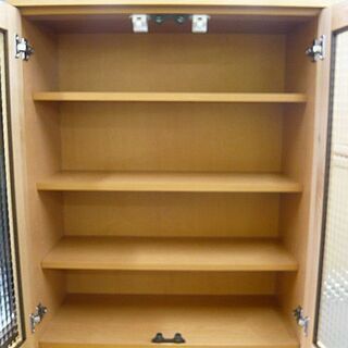 札幌 美品! ナチュラルテイストな食器棚 幅70cm 木目調 モザイクガラス