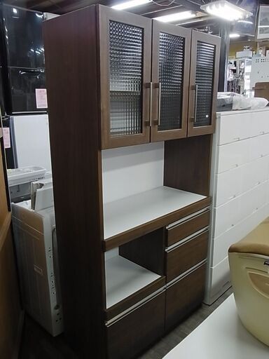 クラフトコガ　3枚扉レンジボード　家電 キッチンボード　フルオープン　スライドレール　チェッカーガラス　耐震金具　ダイニングボード　収納　食器棚