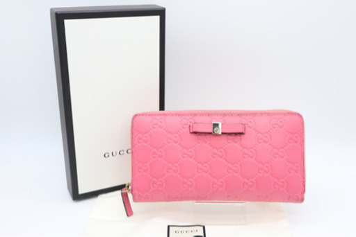 《GUCCI/グッチシマ リボン ラウンドファスナー》ABランクピンク 美品 箱