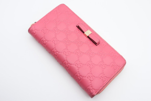 《GUCCI/グッチシマ リボン ラウンドファスナー》ABランクピンク 美品 箱